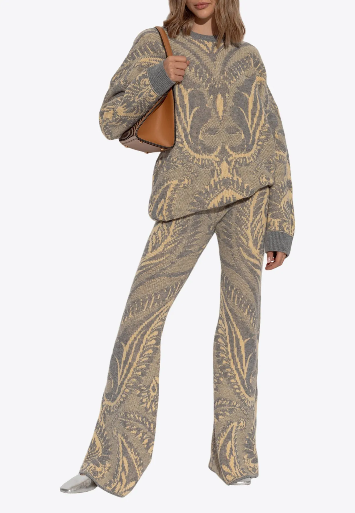 Intarsia Knit Wool Flared Pants