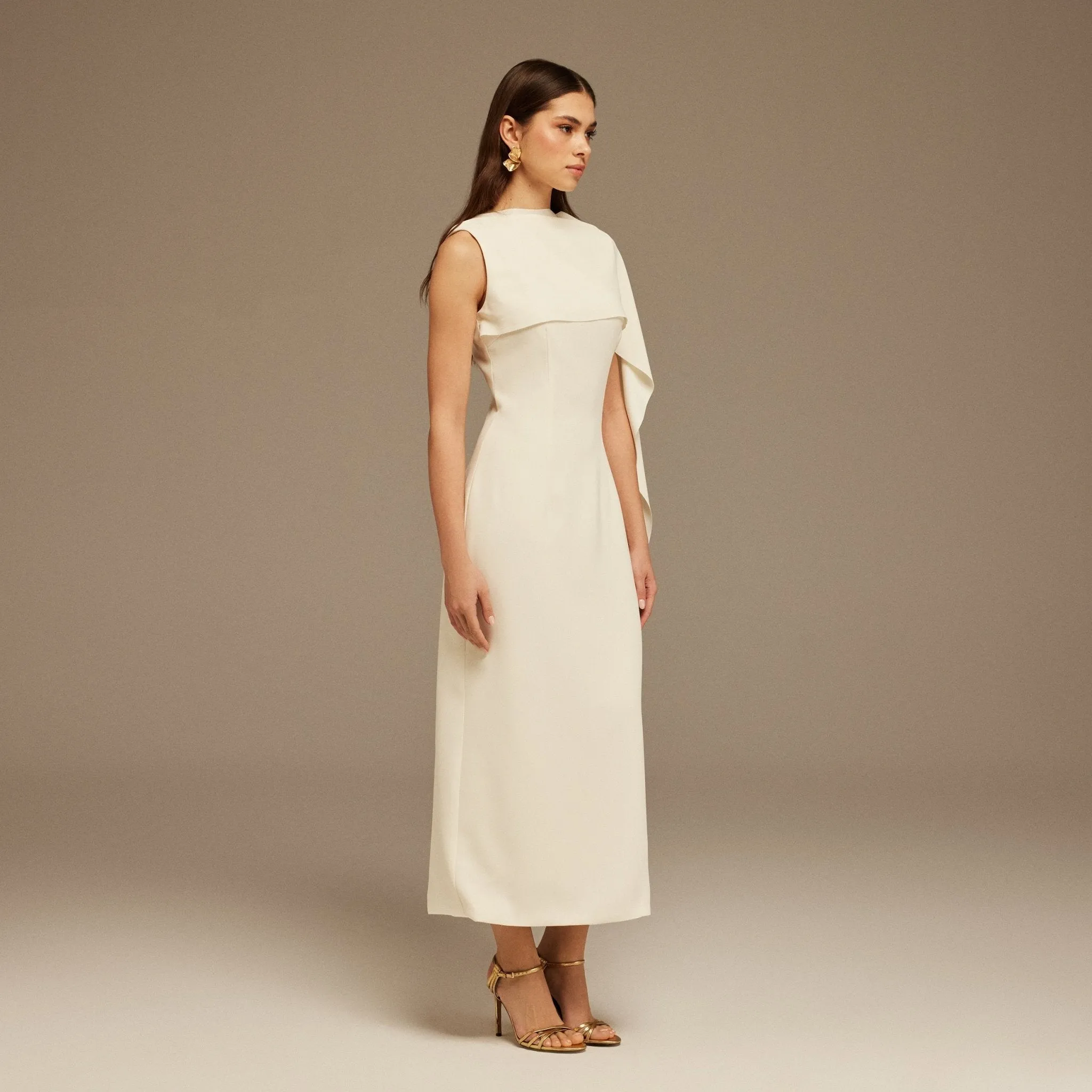 Ivory Asymmetrical Back Draped Maxi Dress