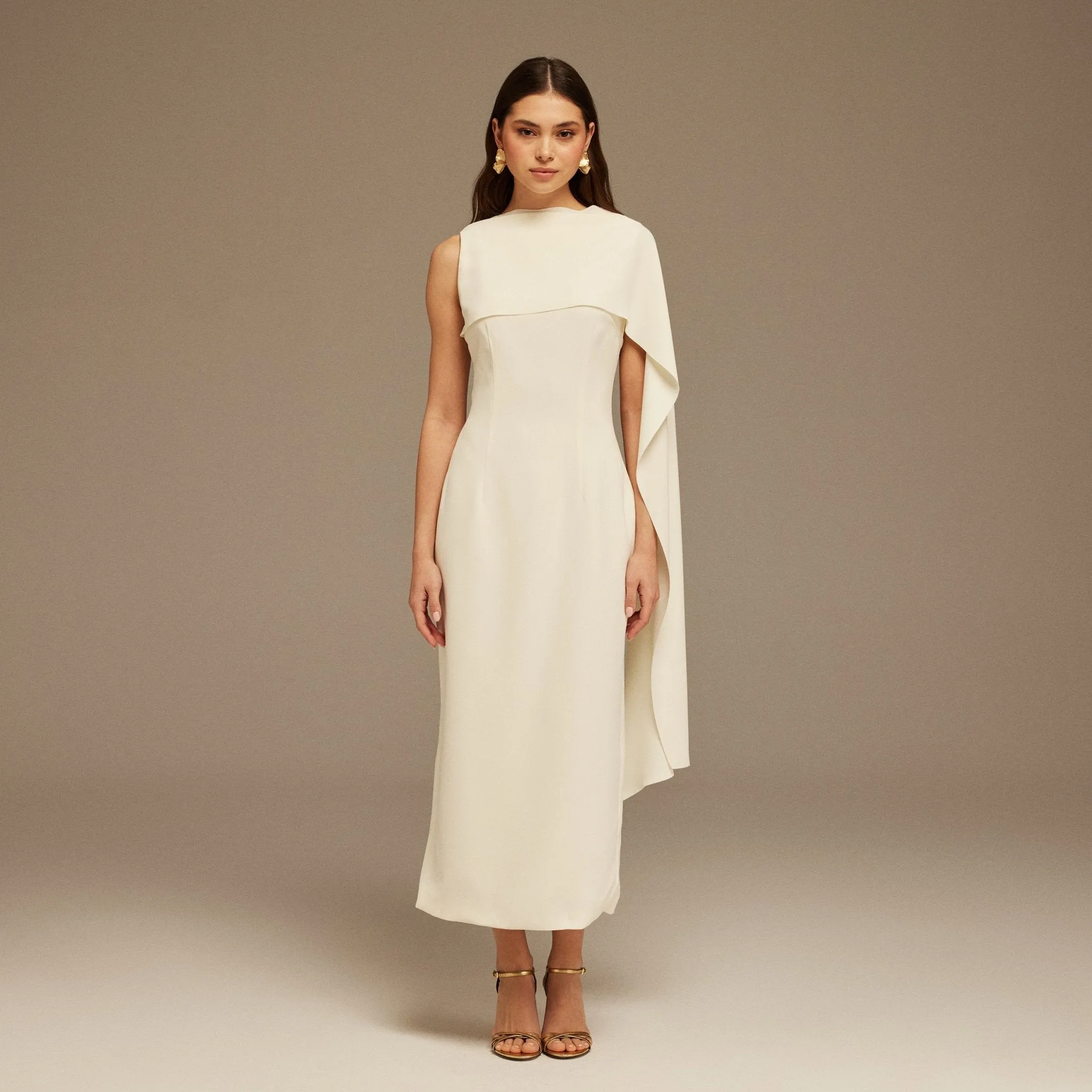Ivory Asymmetrical Back Draped Maxi Dress