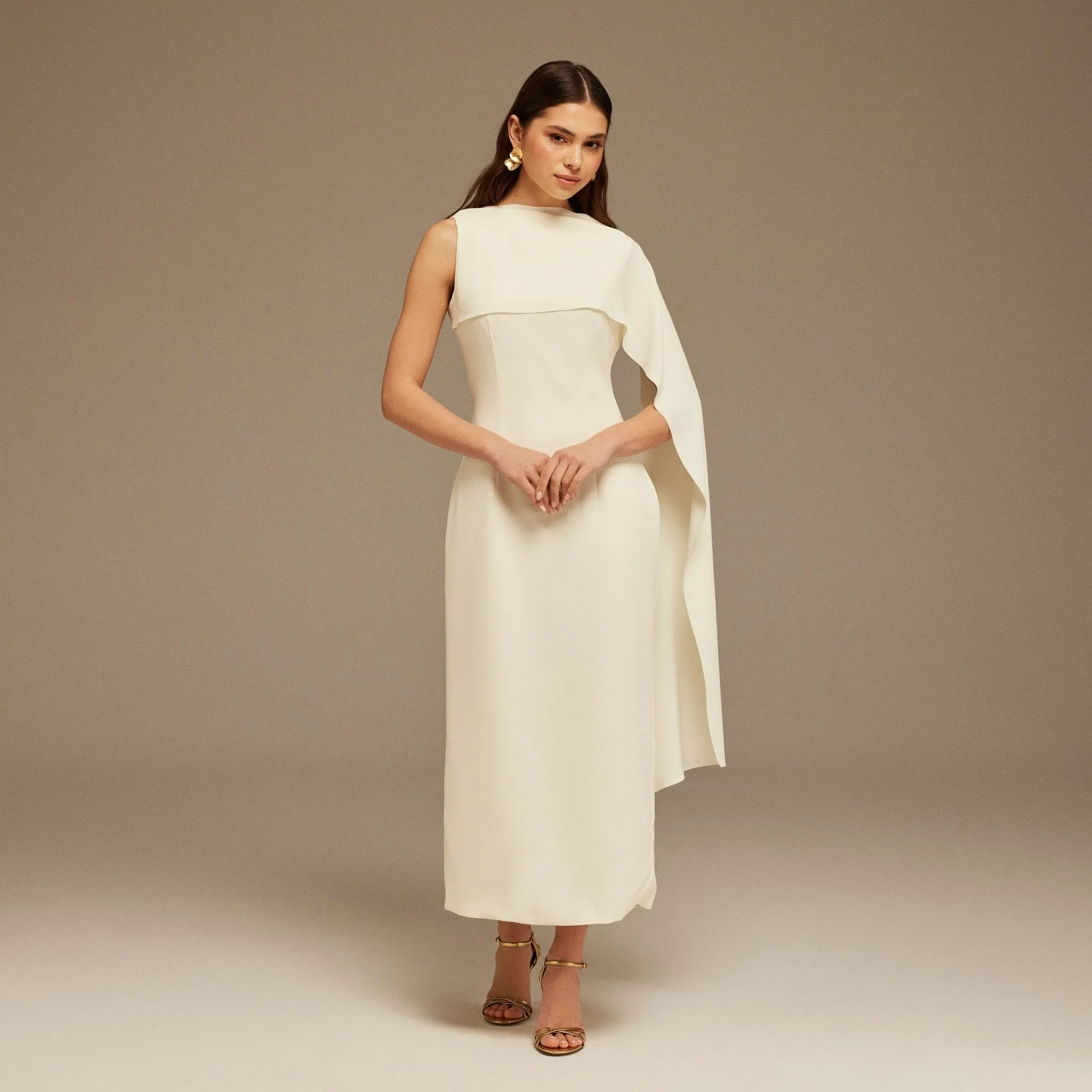 Ivory Asymmetrical Back Draped Maxi Dress