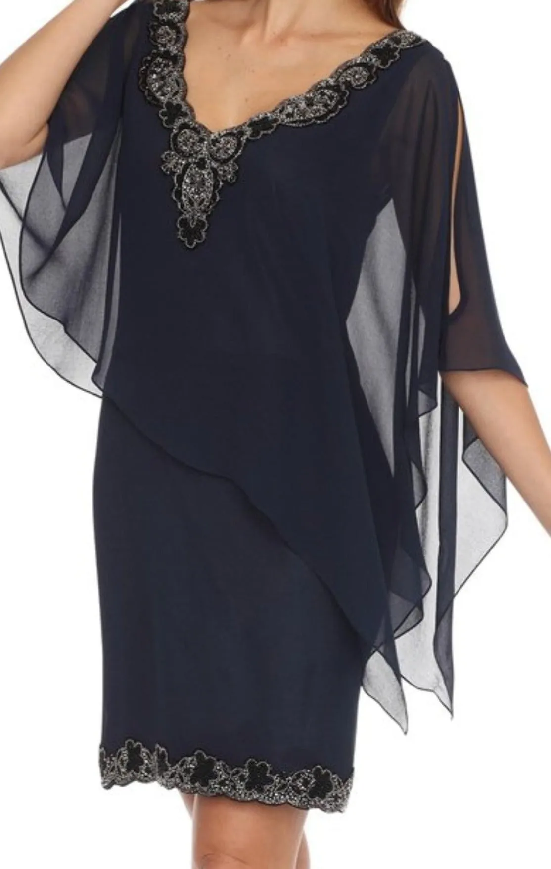 JKARA Navy Blue V-Neck Beaded Asymmetrical Capelet Dress Size 14 NWT