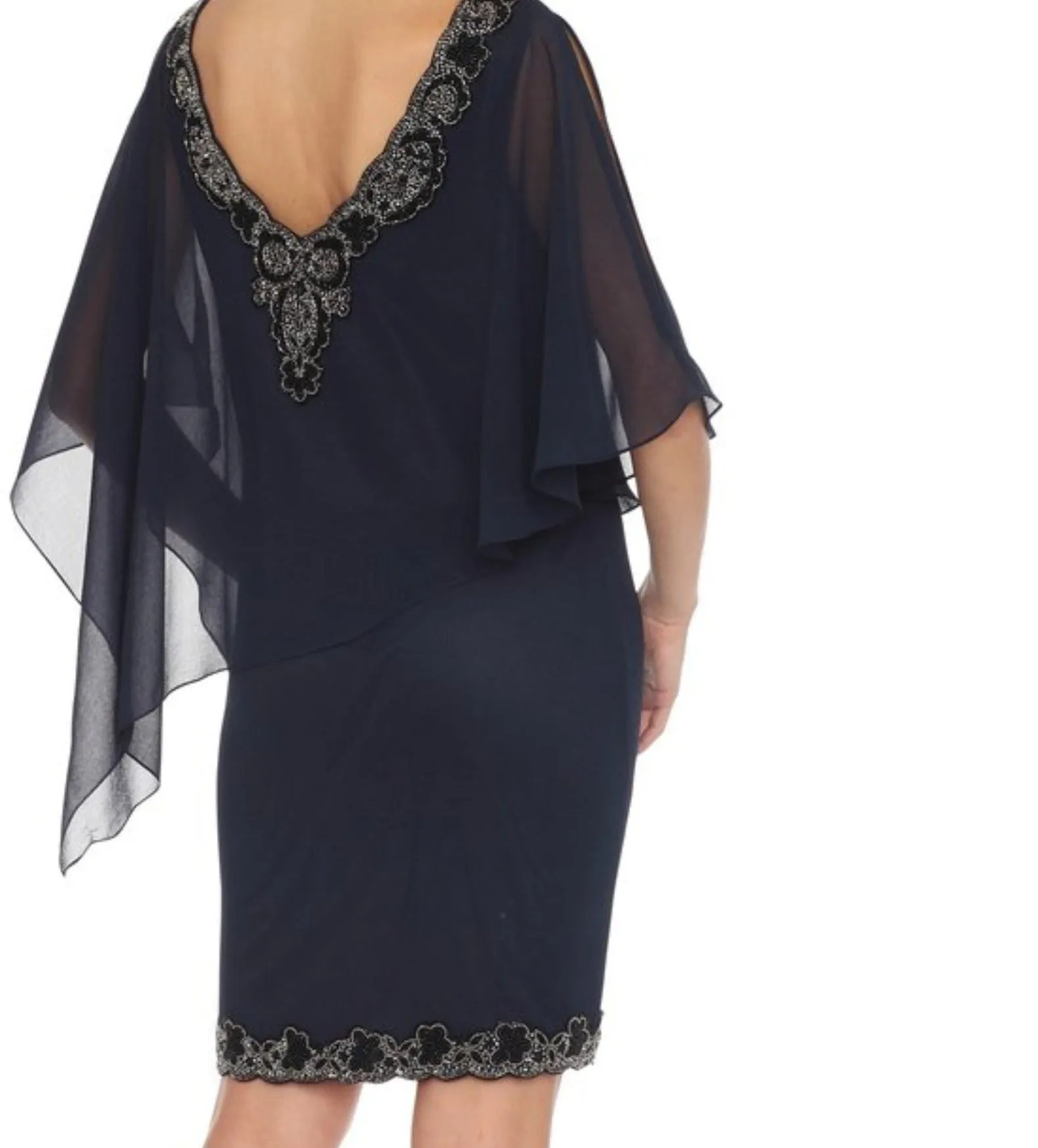 JKARA Navy Blue V-Neck Beaded Asymmetrical Capelet Dress Size 14 NWT