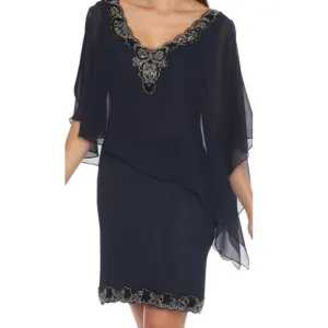 JKARA Navy Blue V-Neck Beaded Asymmetrical Capelet Dress Size 14 NWT