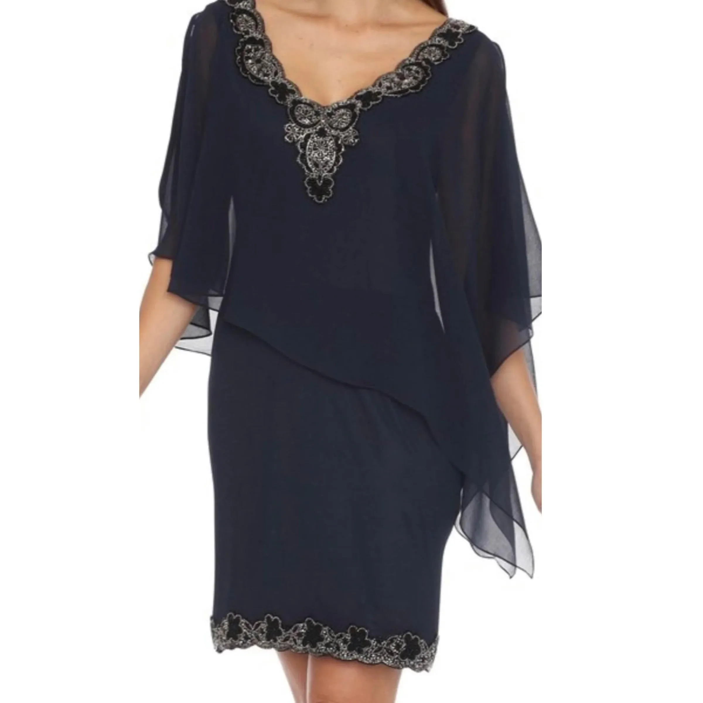 JKARA Navy Blue V-Neck Beaded Asymmetrical Capelet Dress Size 14 NWT
