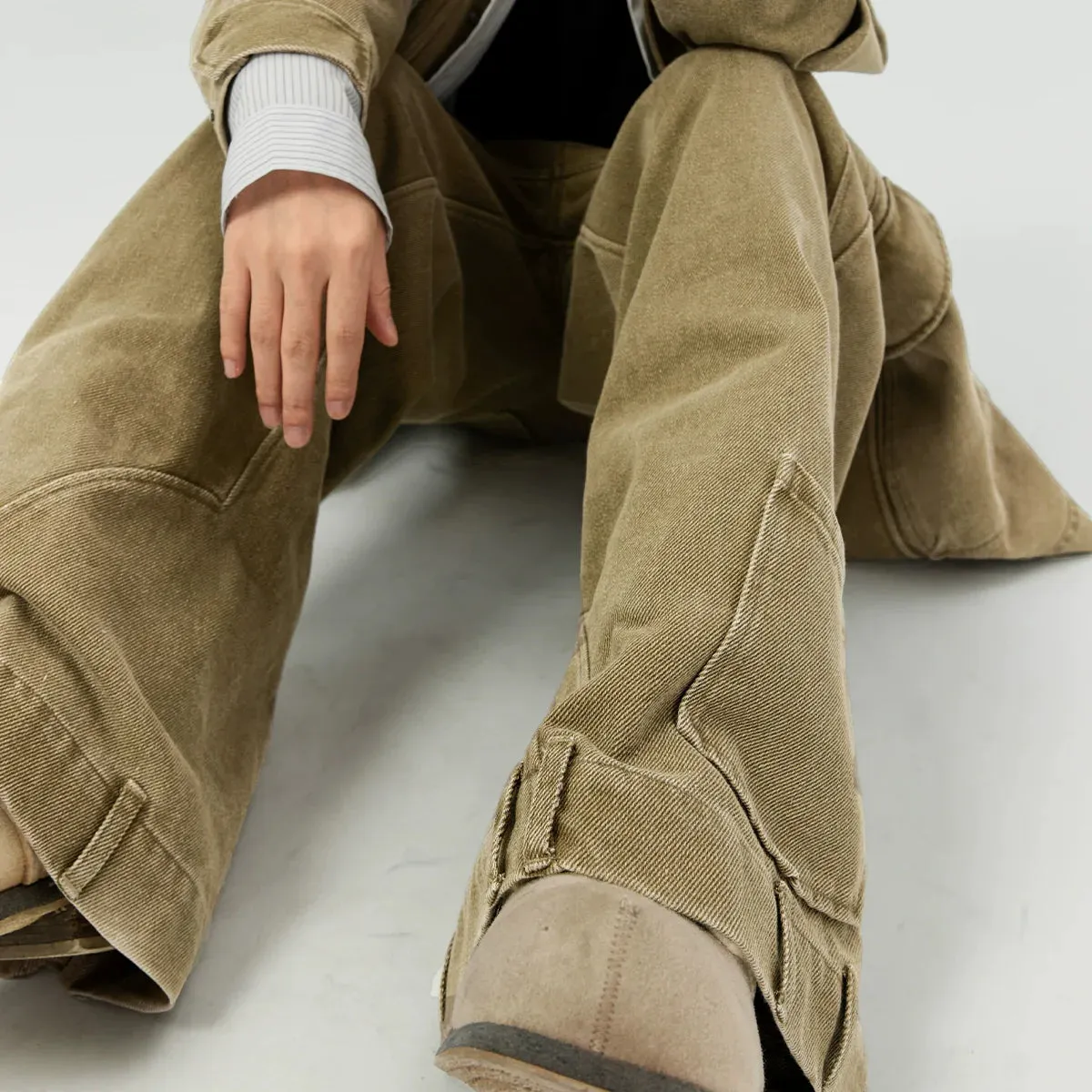 Khaki Wide-Leg Cargo Pants