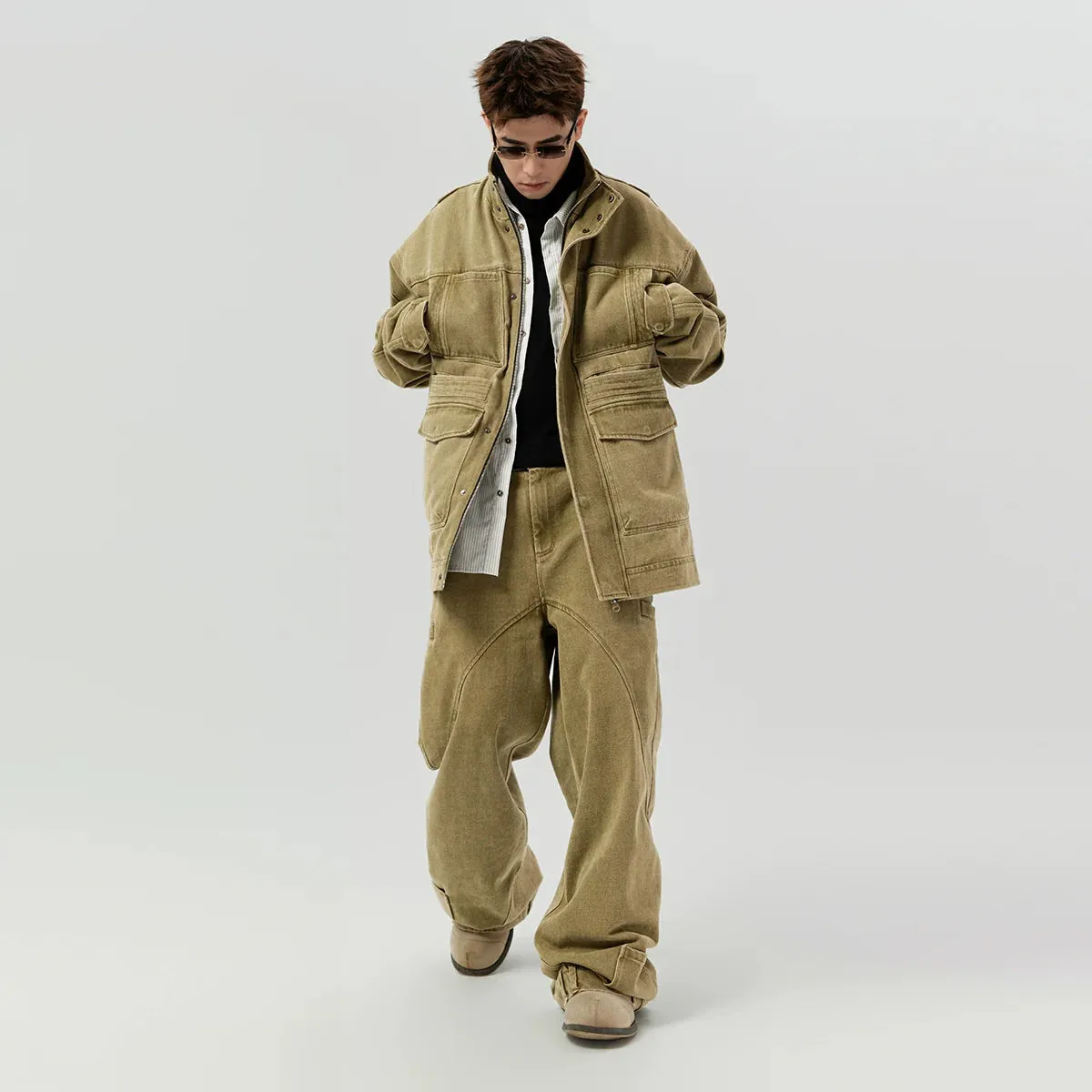 Khaki Wide-Leg Cargo Pants