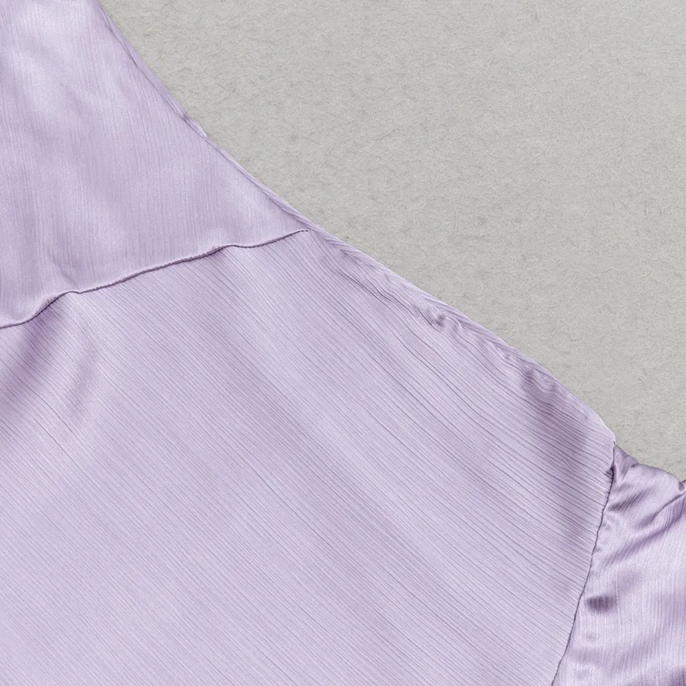 LILAC RUFFLE TRIM ASYMMETRICAL HEM SATIN MIDI DRESS