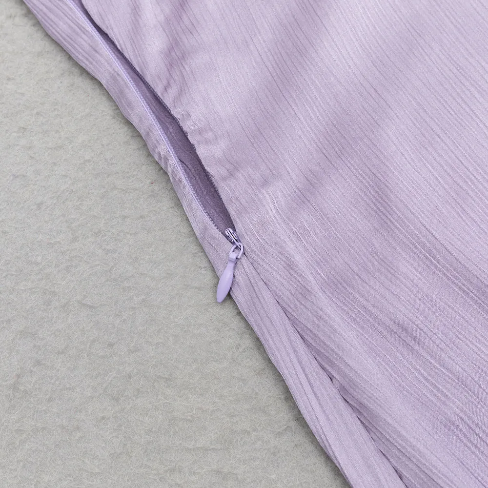LILAC RUFFLE TRIM ASYMMETRICAL HEM SATIN MIDI DRESS