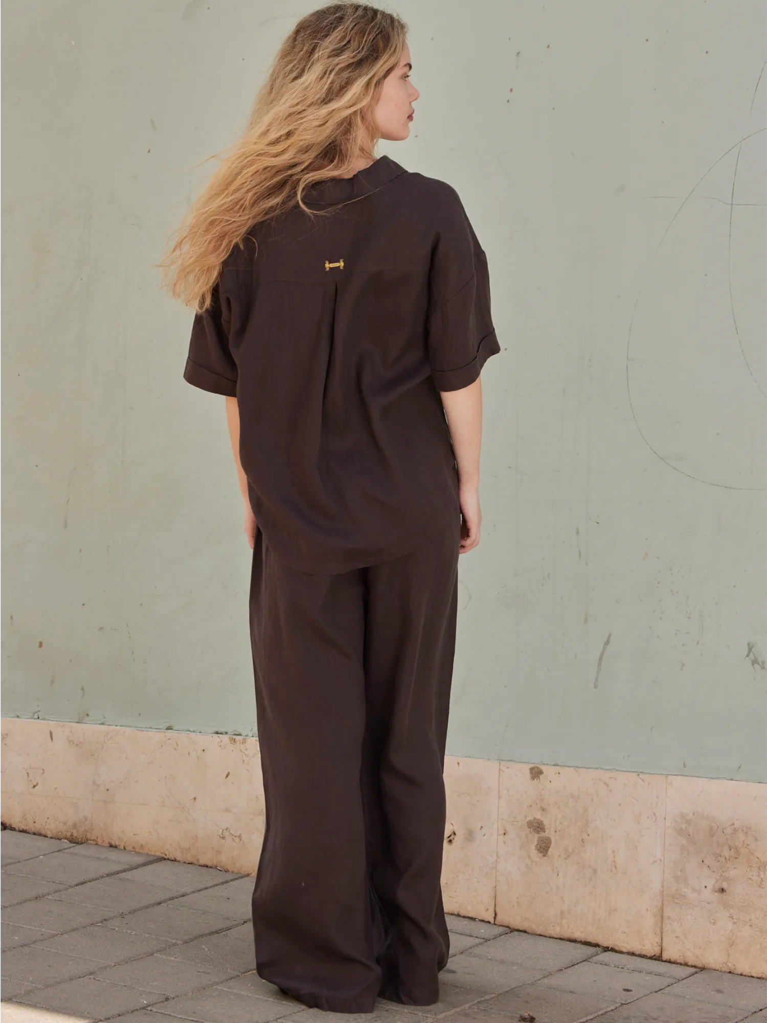 Linen wide leg rubber pants