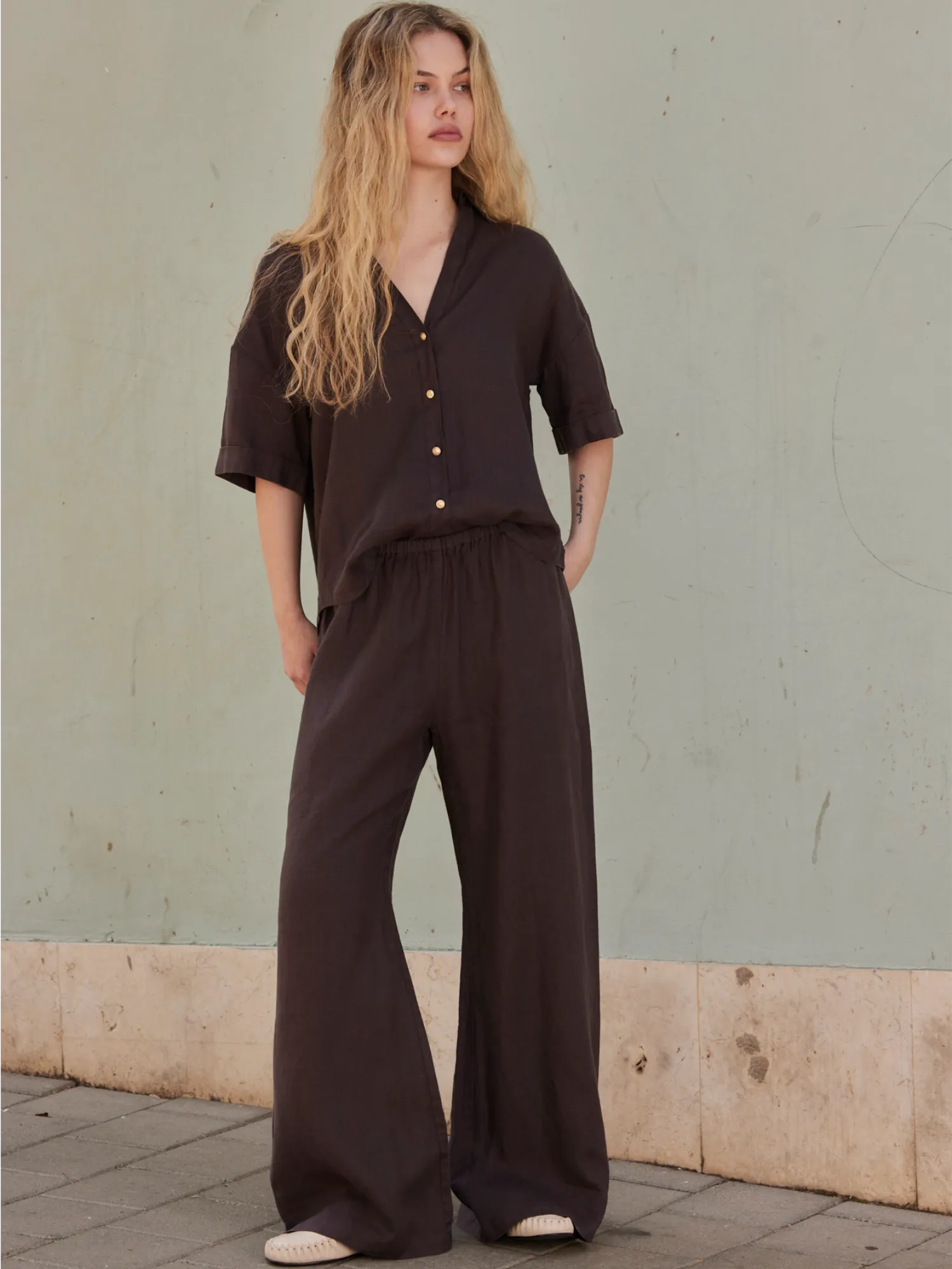 Linen wide leg rubber pants