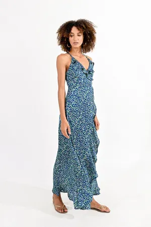 LONG BLUE PRINT DRESS WITH LACED BACK