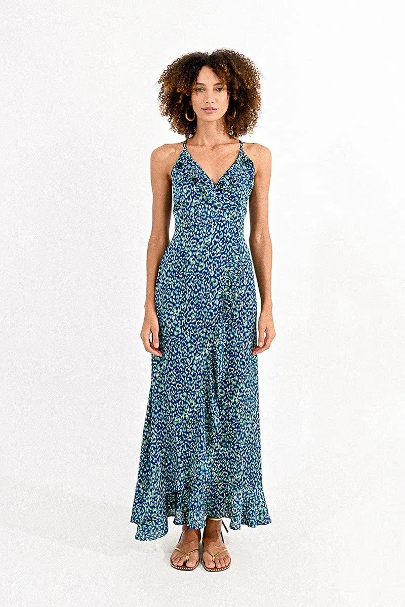 LONG BLUE PRINT DRESS WITH LACED BACK