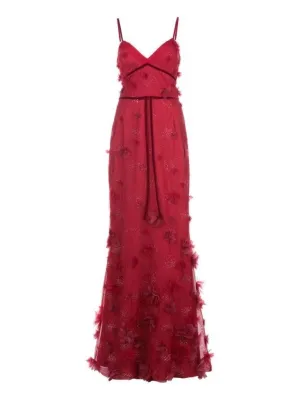 Marchesa Red 3D Floral Fit to Flare Gown