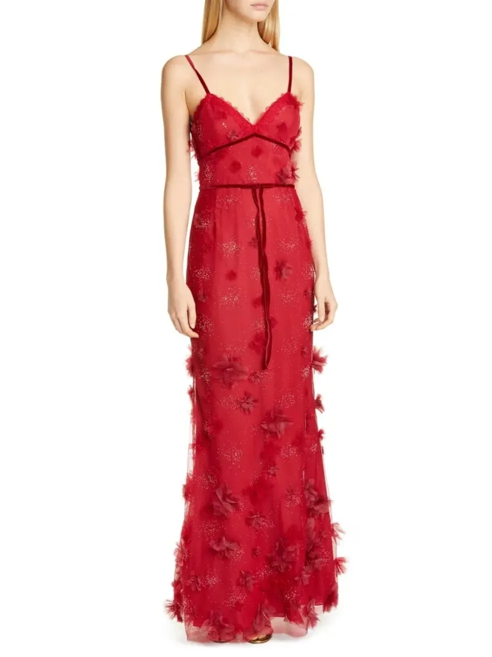 Marchesa Red 3D Floral Fit to Flare Gown