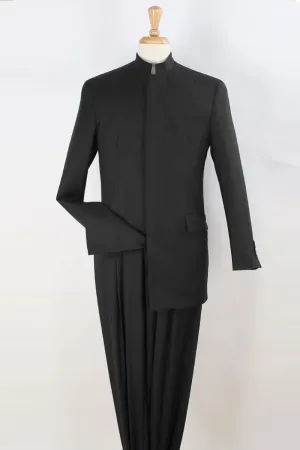 Mens Mandarin Banded Collar French Front Suit in Black