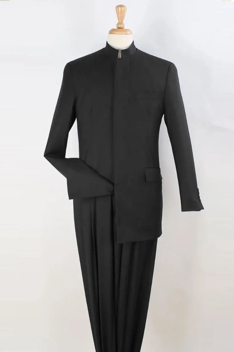 Mens Mandarin Banded Collar French Front Suit in Black