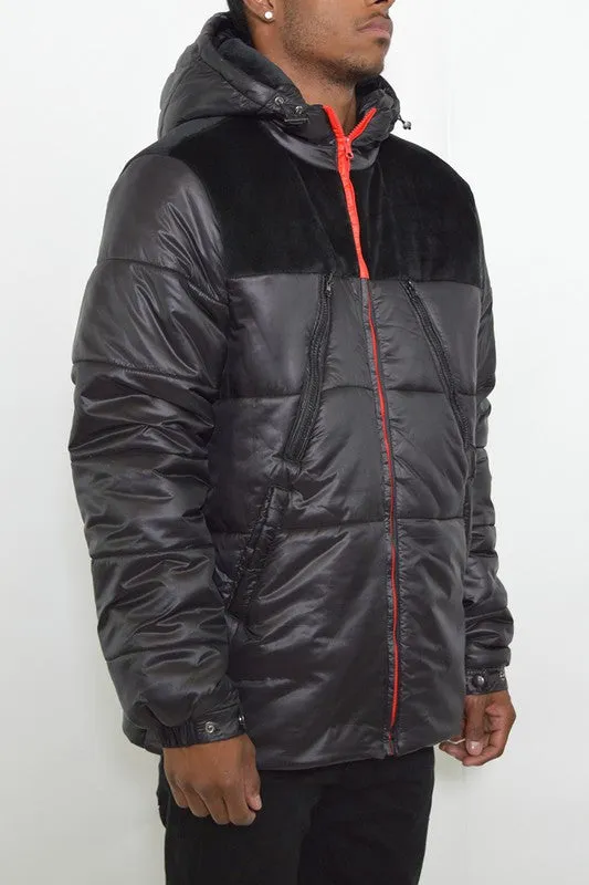 Men's Padded Buffle Puffer Jacket with Hood and Zipper