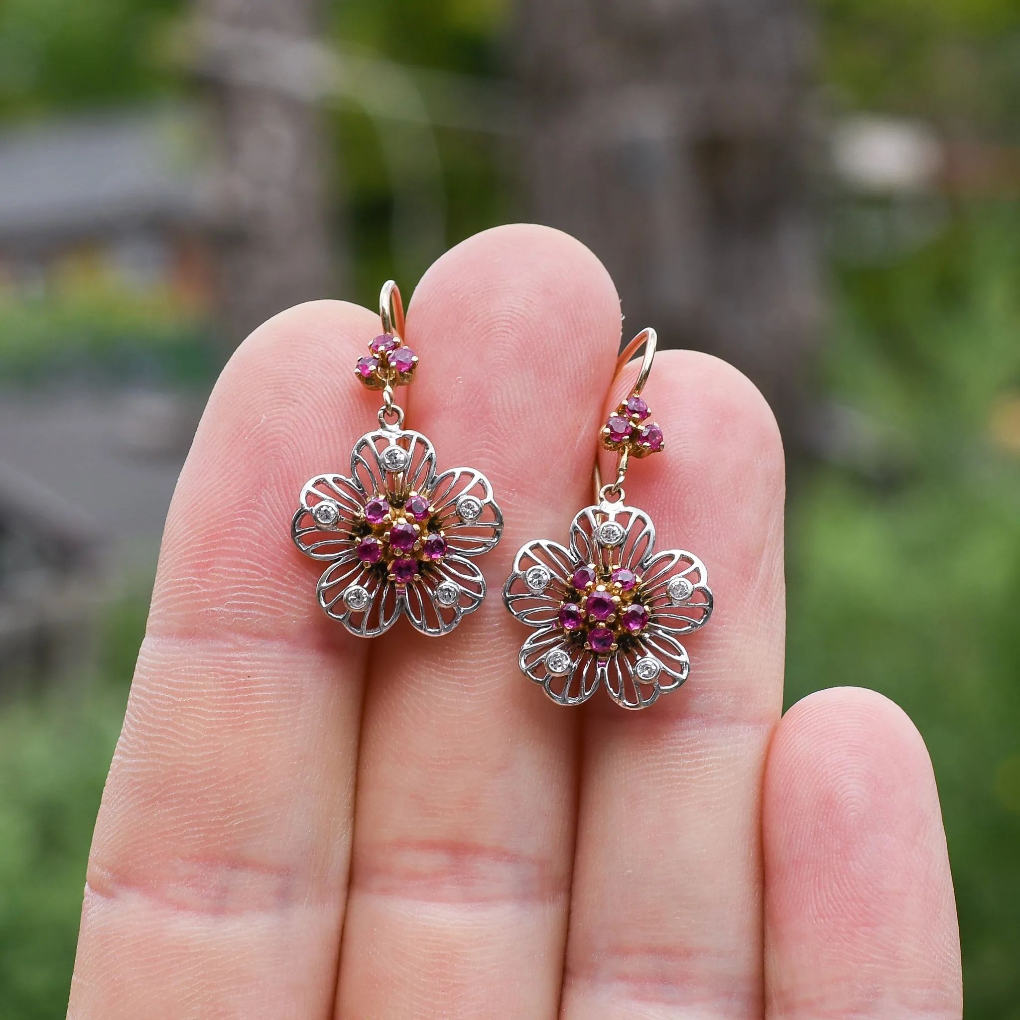 Mid-Century Diamond & Ruby Bi-Metal Flower Earrings
