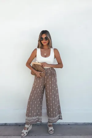 Mocha Border Print Embroidered Pants