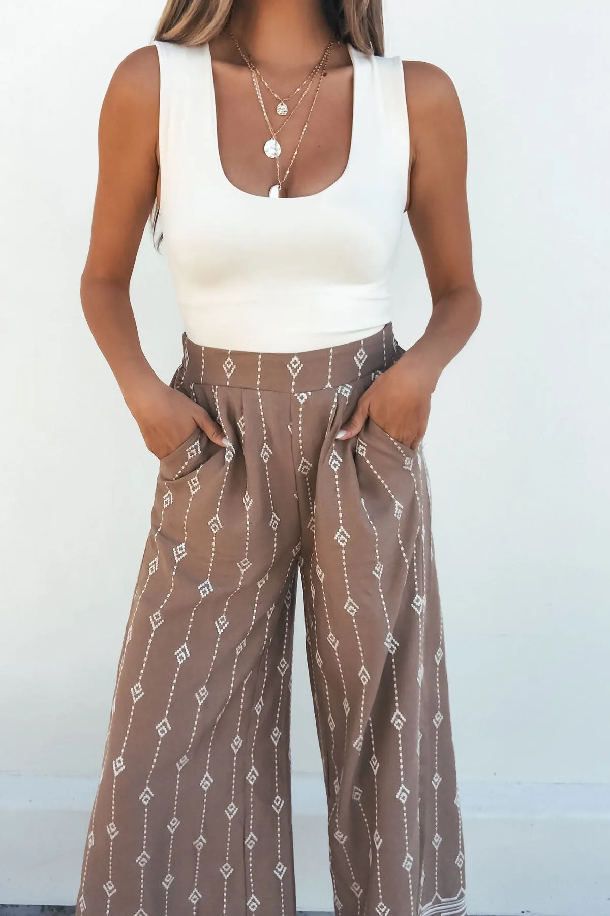 Mocha Border Print Embroidered Pants
