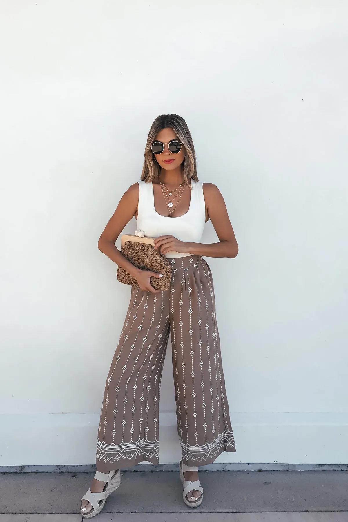 Mocha Border Print Embroidered Pants