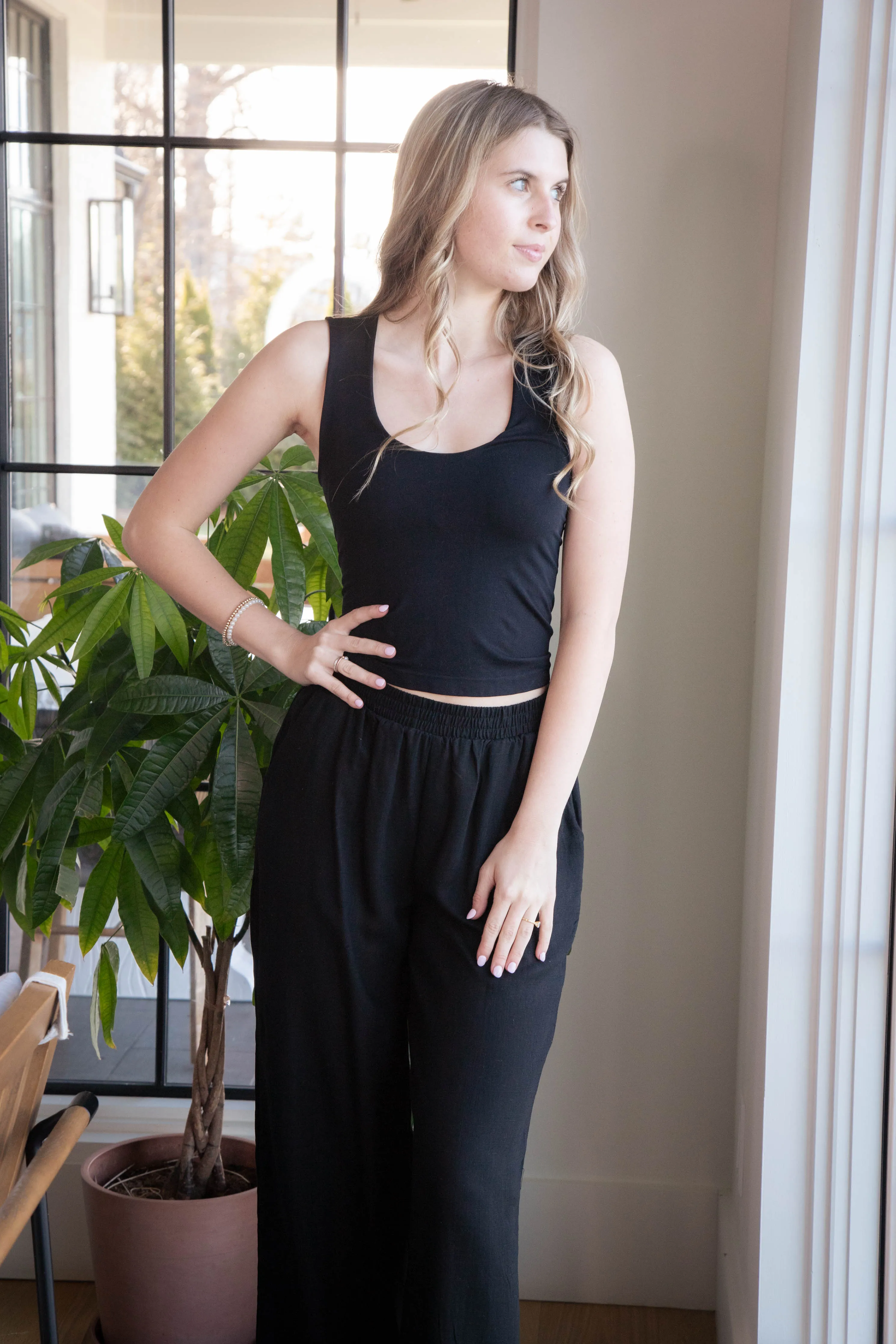 Myra Linen Blend Pants, Black