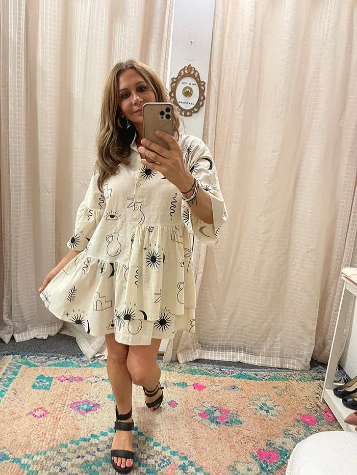 Mystic Print Smock Dress - Beige