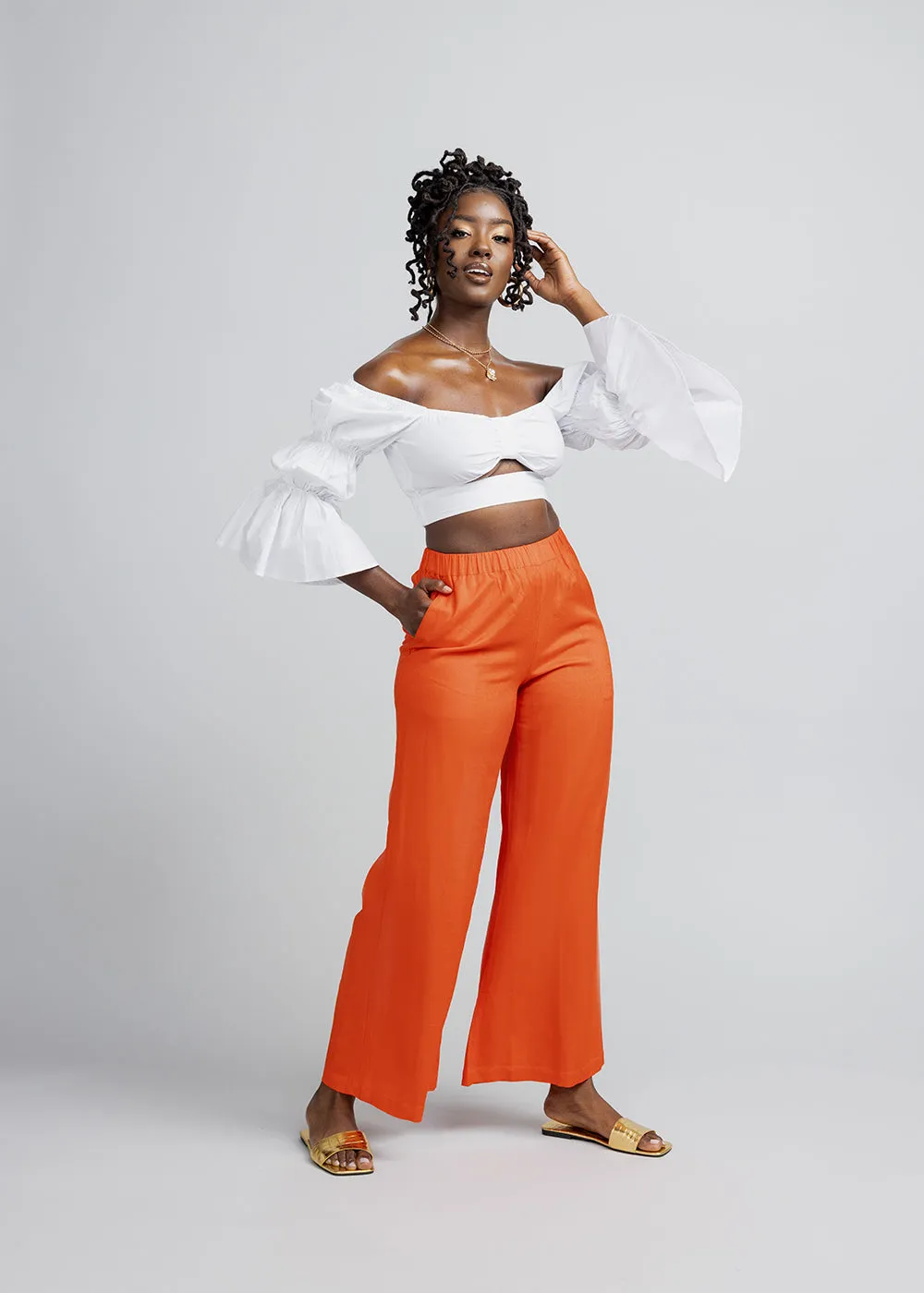 Nahema Women's Wide Leg Linen Blend Pants (Deep Coral)