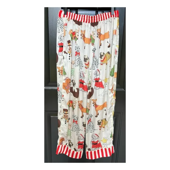 NWOT Karen Mabon Holiday Dogs Satin Lounge Pants  Size XL