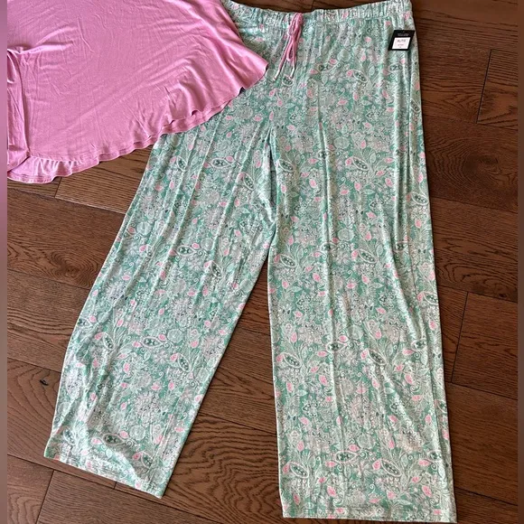 NWT! ELLEN TRACY 2-Pc.Solid Top &amp; Floral Pants Sleep Set Pink/green multi sz XL