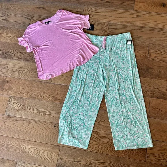 NWT! ELLEN TRACY 2-Pc.Solid Top &amp; Floral Pants Sleep Set Pink/green multi sz XL
