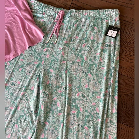 NWT! ELLEN TRACY 2-Pc.Solid Top &amp; Floral Pants Sleep Set Pink/green multi sz XL