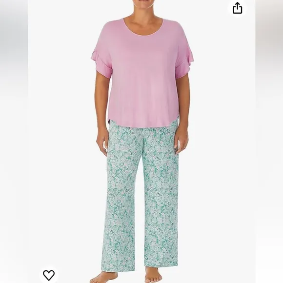 NWT! ELLEN TRACY 2-Pc.Solid Top &amp; Floral Pants Sleep Set Pink/green multi sz XL