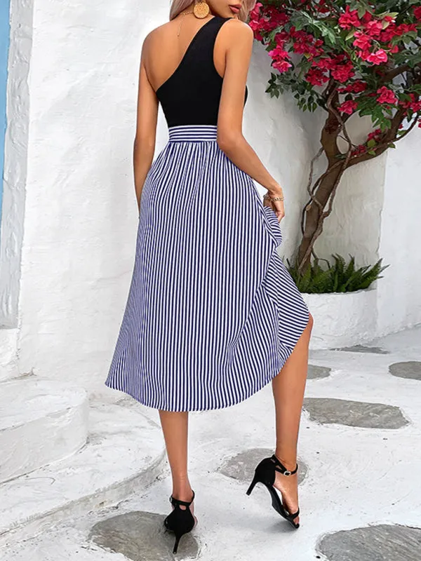 One-Shoulder Dress with Striped Pattern and Asymmetrical Hemline
