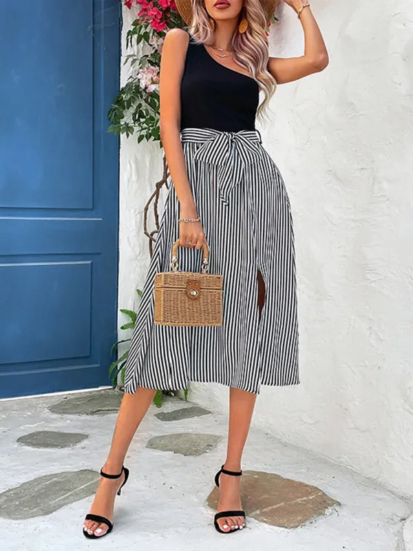 One-Shoulder Dress with Striped Pattern and Asymmetrical Hemline