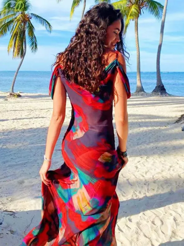 One Shoulder Maxi Dress with Abstract Print and Asymmetrical Sleeve
