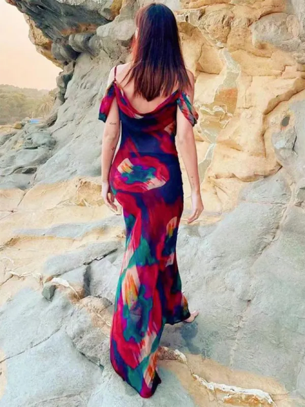One Shoulder Maxi Dress with Abstract Print and Asymmetrical Sleeve