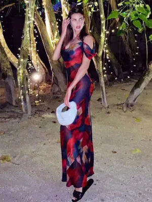 One Shoulder Maxi Dress with Abstract Print and Asymmetrical Sleeve