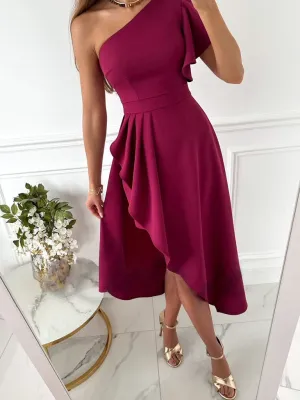 One-Shoulder Midi Dress with Ruffle Detail and Asymmetrical Hem