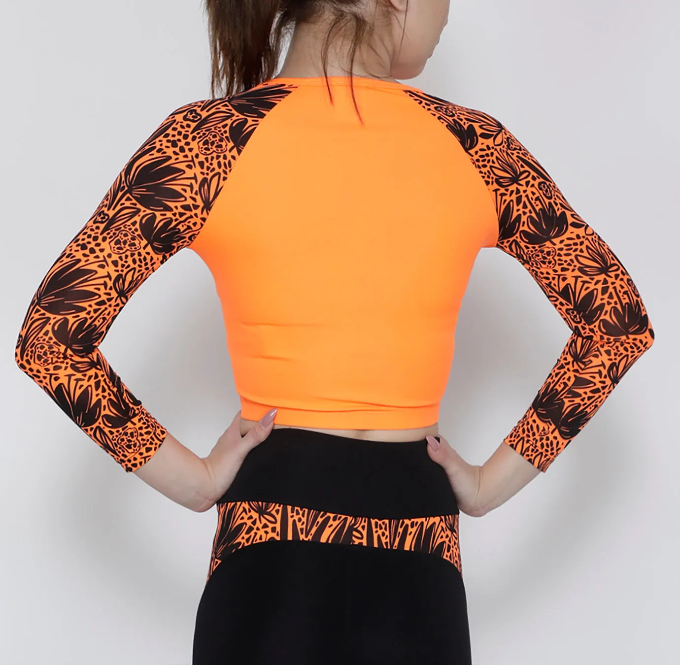 Orange Black Floral Crop Zipper