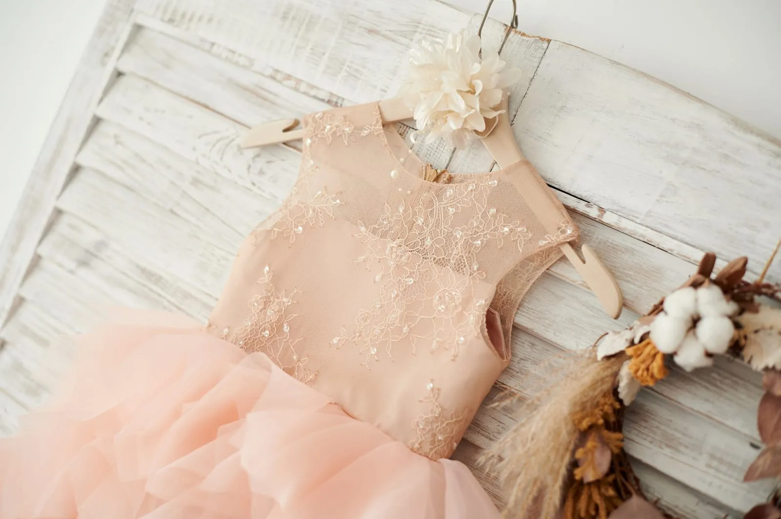 Peach Lace Tulle Organza Ruffle Wedding Flower Girl Dress