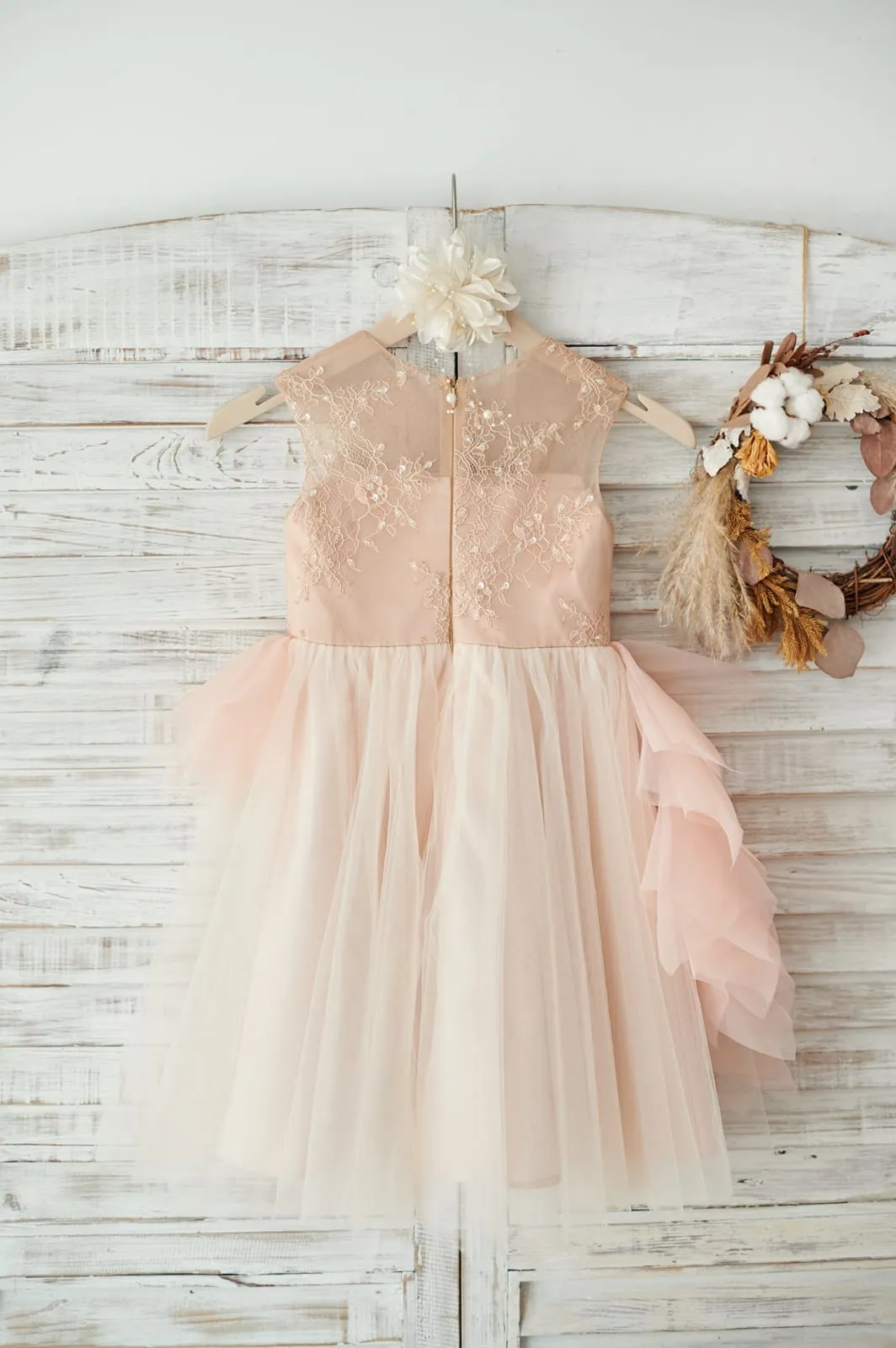 Peach Lace Tulle Organza Ruffle Wedding Flower Girl Dress