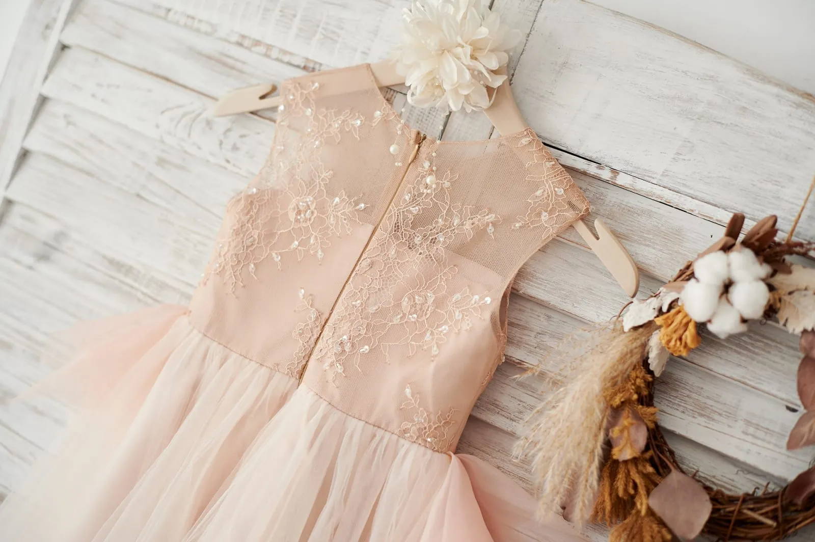 Peach Lace Tulle Organza Ruffle Wedding Flower Girl Dress