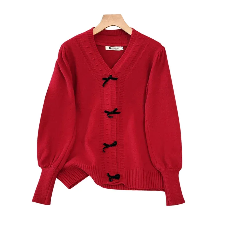Plus Size Bust 150kg Spring  Loose V-Neck Bow Sweater