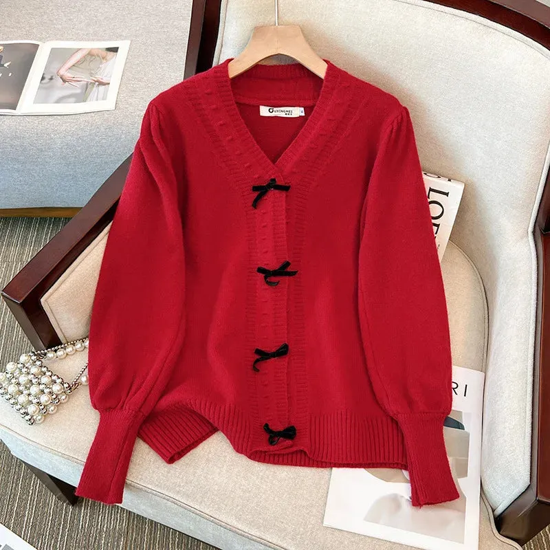 Plus Size Bust 150kg Spring  Loose V-Neck Bow Sweater