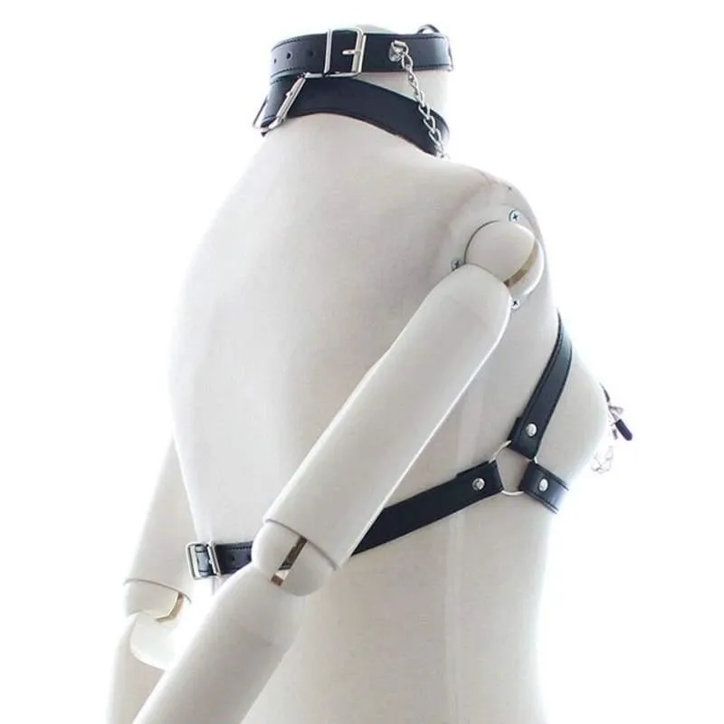 "Eight" - Fetish Neck Bondage With Nipple Chain Clamps PU Leather Erotic Chest Harness ST8