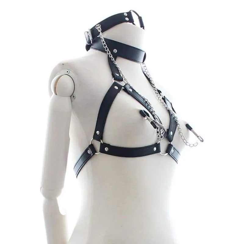 "Eight" - Fetish Neck Bondage With Nipple Chain Clamps PU Leather Erotic Chest Harness ST8