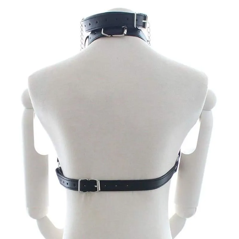"Eight" - Fetish Neck Bondage With Nipple Chain Clamps PU Leather Erotic Chest Harness ST8