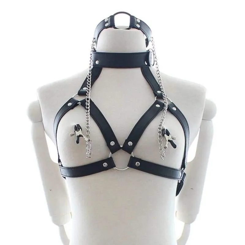 "Eight" - Fetish Neck Bondage With Nipple Chain Clamps PU Leather Erotic Chest Harness ST8