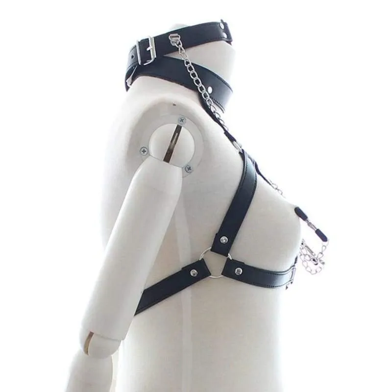"Eight" - Fetish Neck Bondage With Nipple Chain Clamps PU Leather Erotic Chest Harness ST8